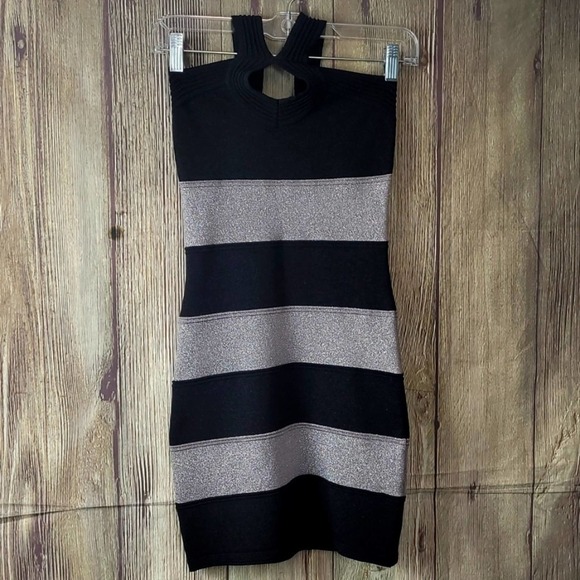 bebe Dresses & Skirts - Bebe Halter Striped Bodycon MIni Dress Black Silver Sz S Womens
